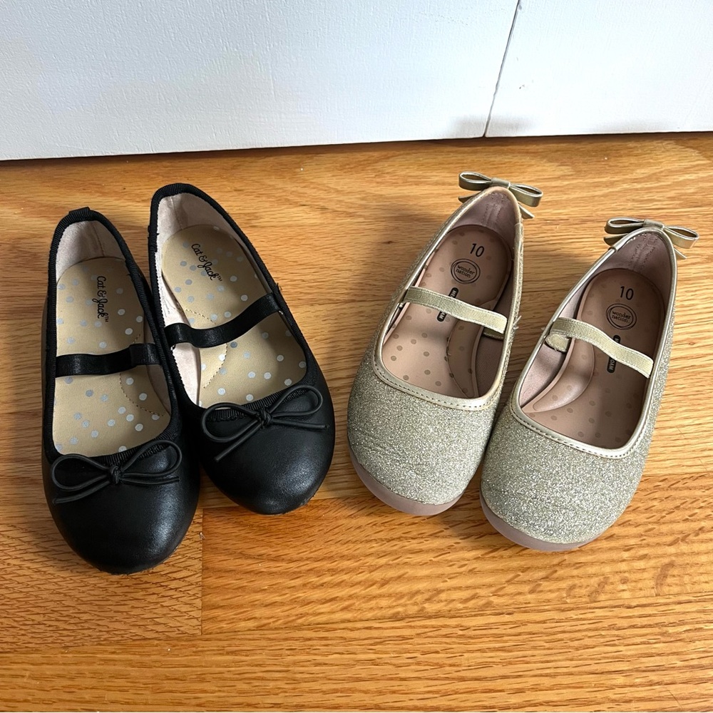 Lot of 2 Girls Size 10 Black and Gold Glitter Ballet Flats